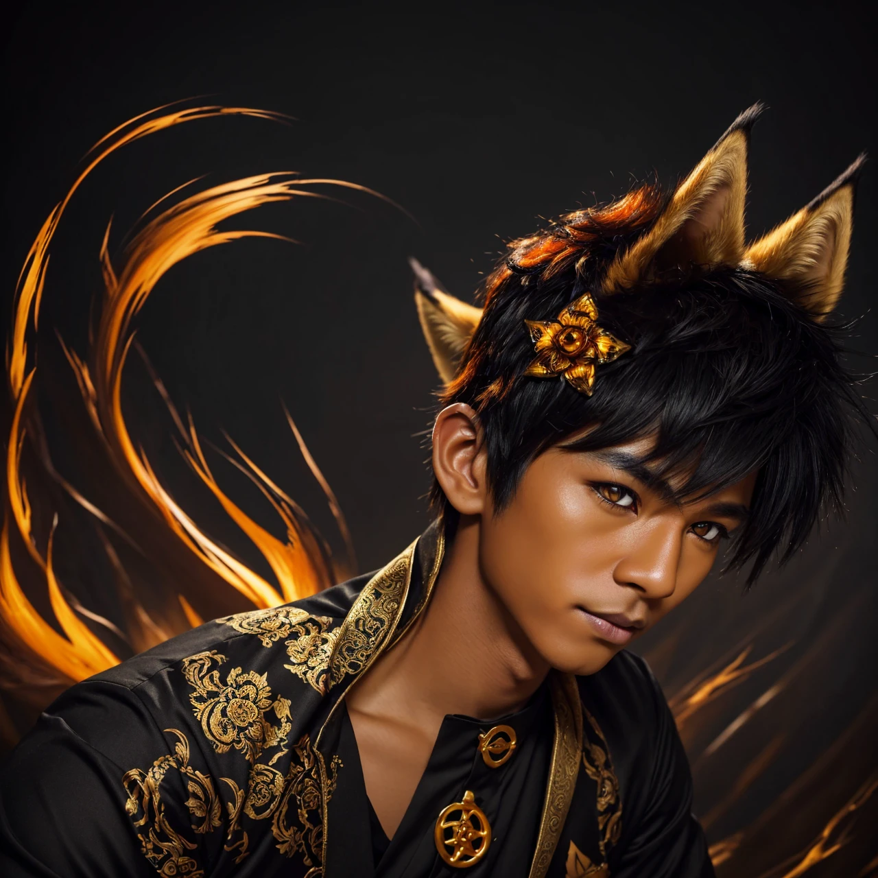 (1male), (golden eyes), kitsune, shadow creature, body is surrounded by black mist, high res, quality, masterpiece, handsome, smirking, melanated fox ears on top of his head, cheeky, 9 fox tail, ominous bedroom background, orange and black hair, medium hair length, wearing a black and gold suit, staring into camera, tan skin.