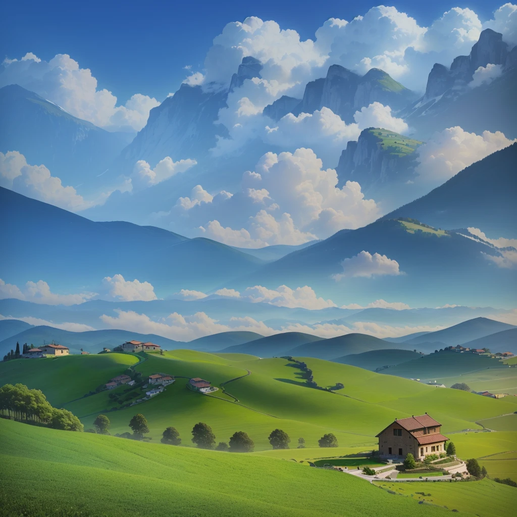 There is a small house in the middle of a green field, Stunning scenery, Tuscan hills, Tranquil scenery, Stunning scenery, a Beautiful scenery, Beautiful scenery, Landscape, Stunning scenery, Landscape - Scenery, Fantastic scenery, Rural landscape, Beautiful oil painting, Stunning scenery in background, very 非常非常Beautiful scenery, Dreamy Landscape, Realistic scenery, 非常非常Beautiful scenery