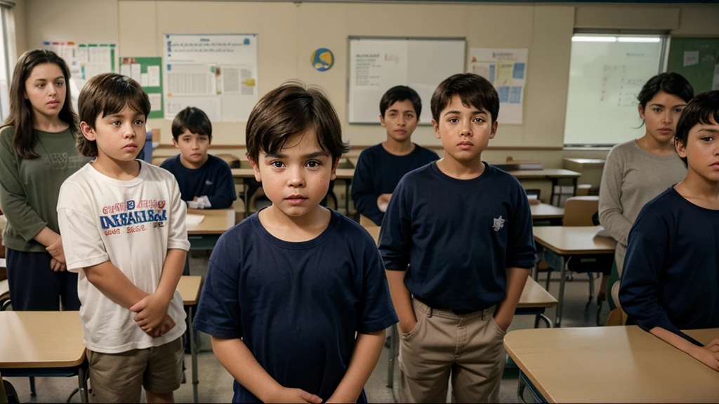 Photorealistic depiction of a 7-year-old boy with straight dark brown hair, bangs covering his forehead, and large, expressive brown eyes. His round face and slightly pink cheeks add to his innocent appearance. The boy is partially dressed in a navy blue , consisting of a long-sleeved shirt and matching pants. He is visibly scared and crying, holding a book as he stands in front of his classmates, who are mocking him. The oppressive atmosphere of a mid-90s classroom is palpable, meticulously capturing the tears welling up in the boy's eyes. This scene reflects the profound drama and bullying that many autistic children endured during that time period.