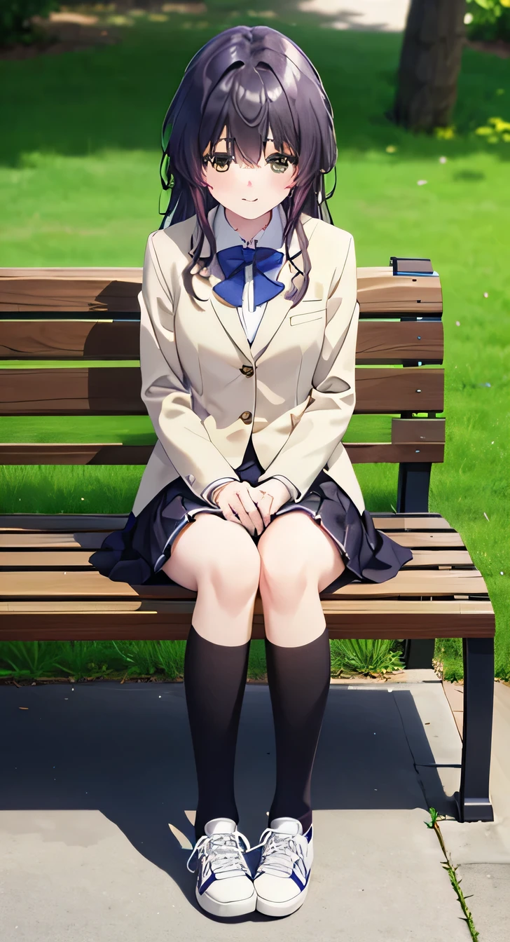 high quality, masterpiece, High resolution, (Head to Toe full body), front, frontComposition from slightly below, Symmetric, Tall 18 year old girl, alone, (Head to Toe), (Small breasts), Black Hair, bangs, (sneakers),（black tights） (Sit with your legs apart), (Crouching pose), (Sit on a bench with your legs spread), (M-shaped feet),、 Thin legs, Very beautiful tall 18 year old girl, (), smile、Looking into the camera, blazer uniform, Checkered Pleated Skirt