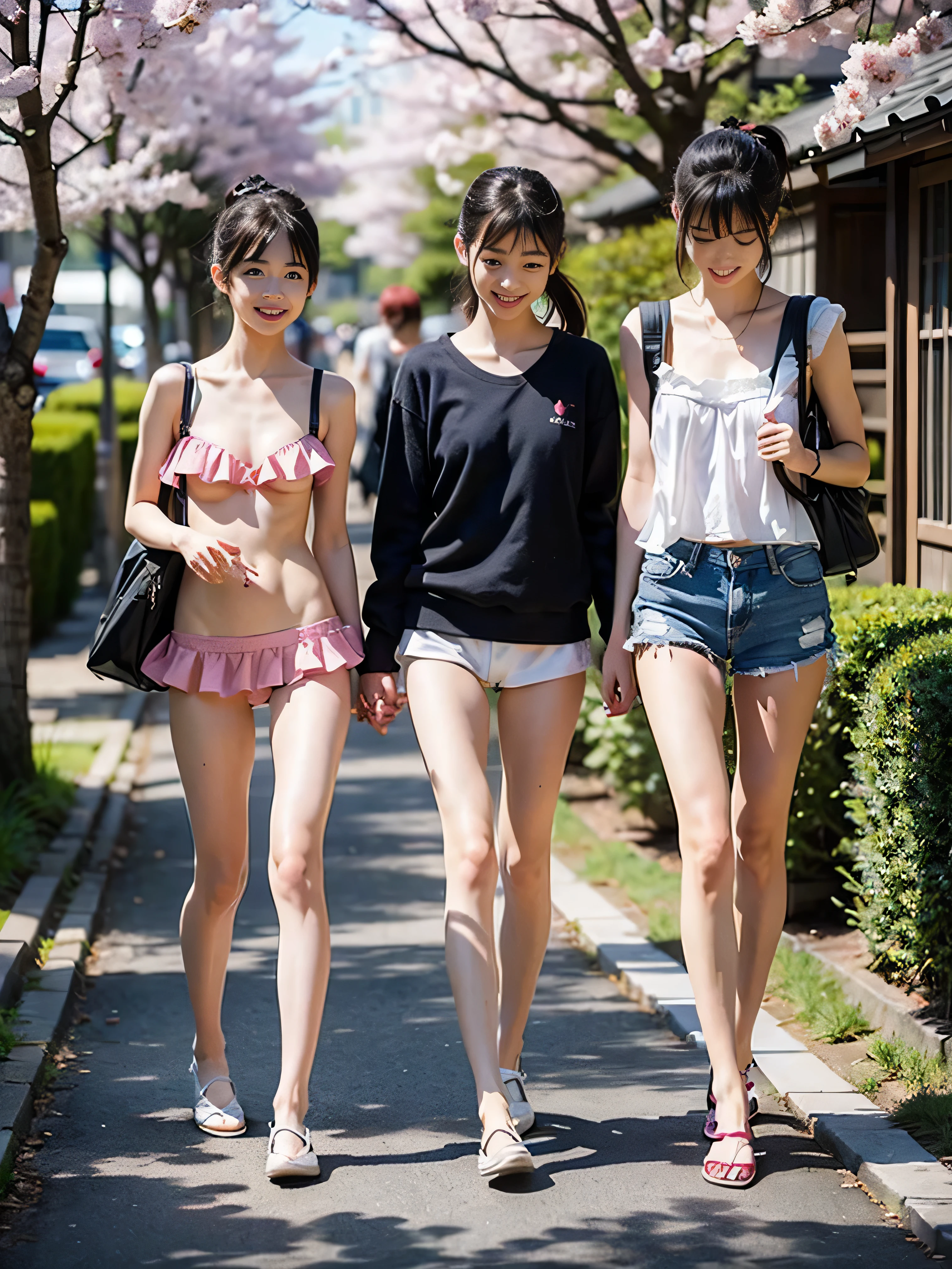 ((No clothes))、Completely naked、A girl walking under the cherry blossoms in an old Japanese street,Thick pubic hair,Small nipples、Slender body､Being thin､Long, slender legs､loafers,school bag,Young face、bangs,A small smile,Thighs,knees,B((Crouch)),Low ponytail with ruffles,From below,Front light