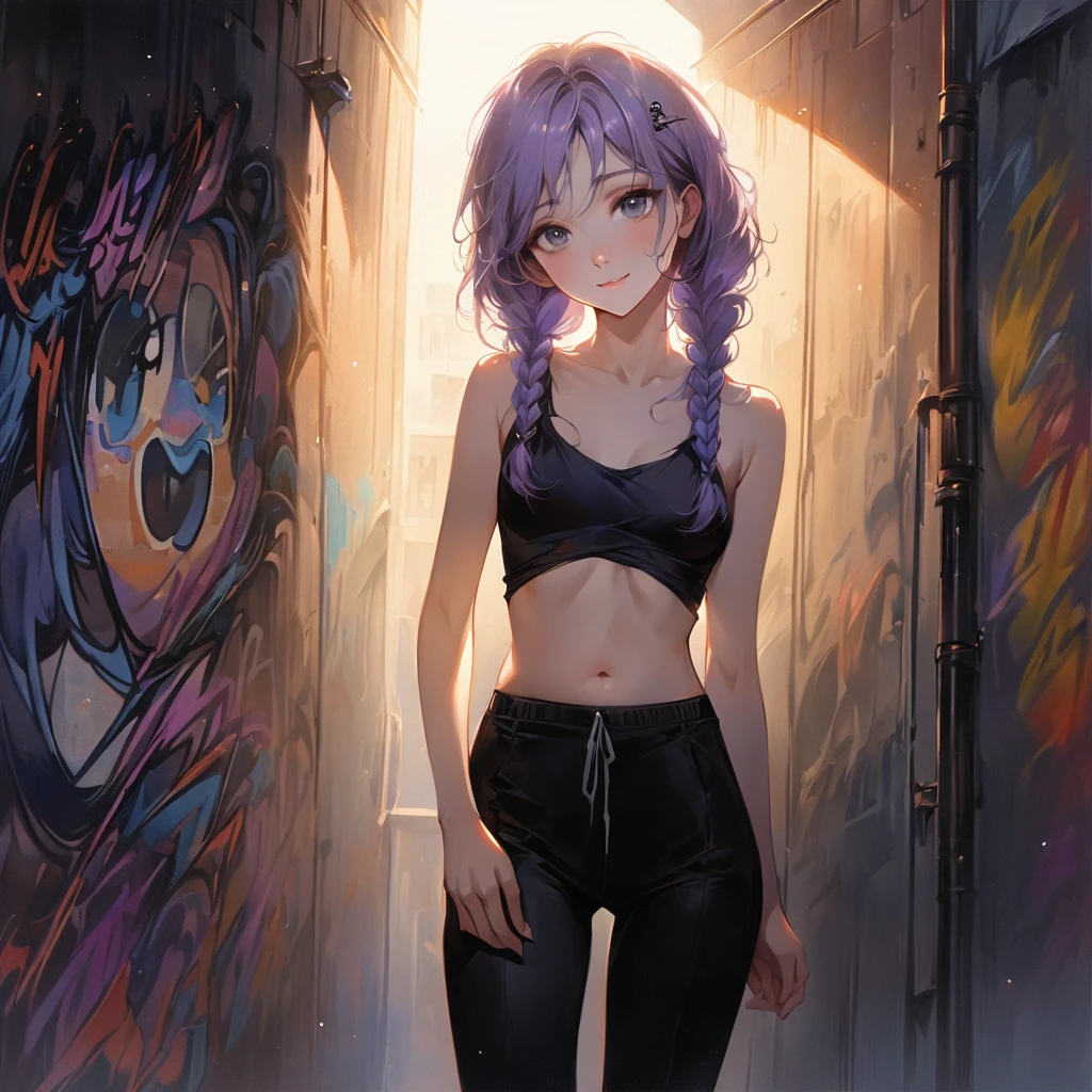 a masterpiece, beautiful eyes, a beautiful face, beautiful depiction, details, solid blue Skyscrapers background, ultra detailed, 8K, pale-purple hair, a dynamic angle,(Cute a girl:1.5), (a girl with closs hair pin,pale purple hair,wavy two braids,bluntbangs hair,green and black eyes,
A black tank top showing her slim belly, black drawstring pants, black ballet shoes, full body shot, A starry sky, a gentle smile, Graffiti art, dimly lit underpass, light coming from behind her, look at viewer, pale colors, :1.4),boots focus,
(masterpiece:1.3), (1970's japanese comic:1.5), (Lovey-dovey:1.5), (tilt head:1.3), extremely delicate face, soft clean focus, realistic lighting and shading, (an extremely delicate and beautiful art:1.3), elegant, (muted colors:1.1), small breast,slim,morning lit,
a masterpiece, beautiful eyes, a beautiful face, beautiful depiction, details, solid blue Skyscrapers background,