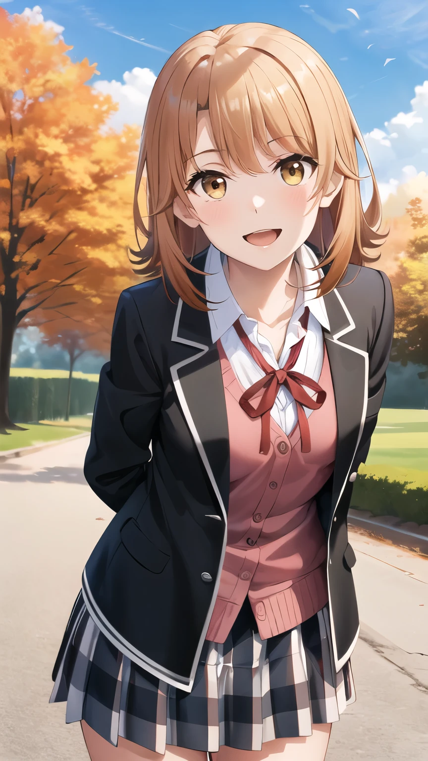 masterpiece, best quality, highres, aairoha, medium hair, , neck ribbon, collared shirt, blazer, black jacket, open jacket, long sleeves, plaid skirt, standing, cowboy shot, leaning forward, arms behind back, smile, open mouth, outdoors, autumn,