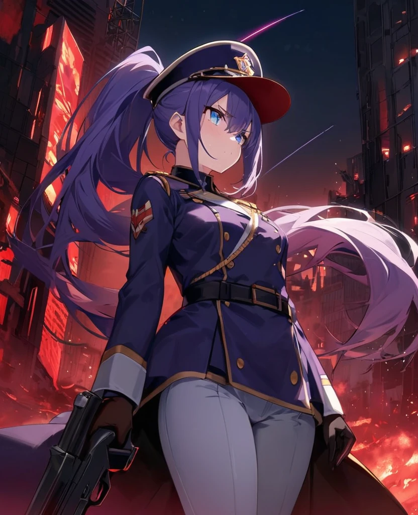 Facing forward　girl　Military uniforms with a white base and some black　Spectacular Background　A shooting star is falling　Beautiful night view　　　She is on the right　On the left you can see the destroyed city.　He has a gun　　　服にはplaneが描かれています　背景の上部にはFighterが飛んでいます　Red Moon　blue eyes　　There is one person　Purple long hair　wearing a military cap　war　I'm wearing pants　Precision　masterpiece　girlにクローズアップ　girlを正面から見ています　ponytail　long hair　soldier　battlefield　{超Precision} Satanic　She's angry　But I&#39;m angry　Hanging eyes　Anime Style　 {war} {Gunfight} {Fighterの擬人化} Fighter　tank　Battleship　plane　Thunder Day　Mechanical Man　宇宙Battleshipヤマトの武装をつけています　A dignified expression　F-16Fighterの翼を背中につけています　tankがいます　C****nde　Genshin Impact