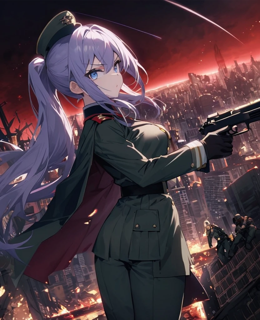 Facing forward　girl　Military uniforms with a white base and some black　Spectacular Background　A shooting star is falling　Beautiful night view　　　She is on the right　On the left you can see the destroyed city.　He has a gun　　　服にはplaneが描かれています　背景の上部にはFighterが飛んでいます　Red Moon　blue eyes　　There is one person　Purple long hair　wearing a military cap　war　I'm wearing pants　Precision　masterpiece　girlにクローズアップ　girlを正面から見ています　ponytail　long hair　soldier　battlefield　{超Precision} Satanic　She's angry　But I&#39;m angry　Hanging eyes　Anime Style　 {war} {Gunfight} {Fighterの擬人化} Fighter　tank　Battleship　plane　Thunder Day　Mechanical Man　宇宙Battleshipヤマトの武装をつけています　A dignified expression　F-16Fighterの翼を背中につけています　tankがいます　Clolinde　Genshin Impact