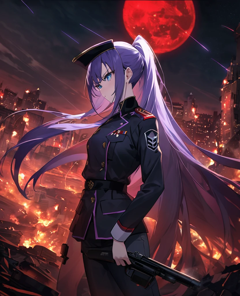 Facing forward　girl　Military uniforms with a white base and some black　Spectacular Background　A shooting star is falling　Beautiful night view　　　She is on the right　On the left you can see the destroyed city.　He has a gun　　　服にはplaneが描かれています　背景の上部にはFighterが飛んでいます　Red Moon　blue eyes　　There is one person　Purple long hair　wearing a military cap　war　I'm wearing pants　Precision　masterpiece　girlにクローズアップ　girlを正面から見ています　ponytail　long hair　soldier　battlefield　{超Precision} Satanic　She's angry　But I&#39;m angry　Hanging eyes　Anime Style　 {war} {Gunfight} {Fighterの擬人化} Fighter　tank　Battleship　plane　Thunder Day　Mechanical Man　宇宙Battleshipヤマトの武装をつけています　A dignified expression　F-16Fighterの翼を背中につけています　tankがいます　Clolinde　Genshin Impact