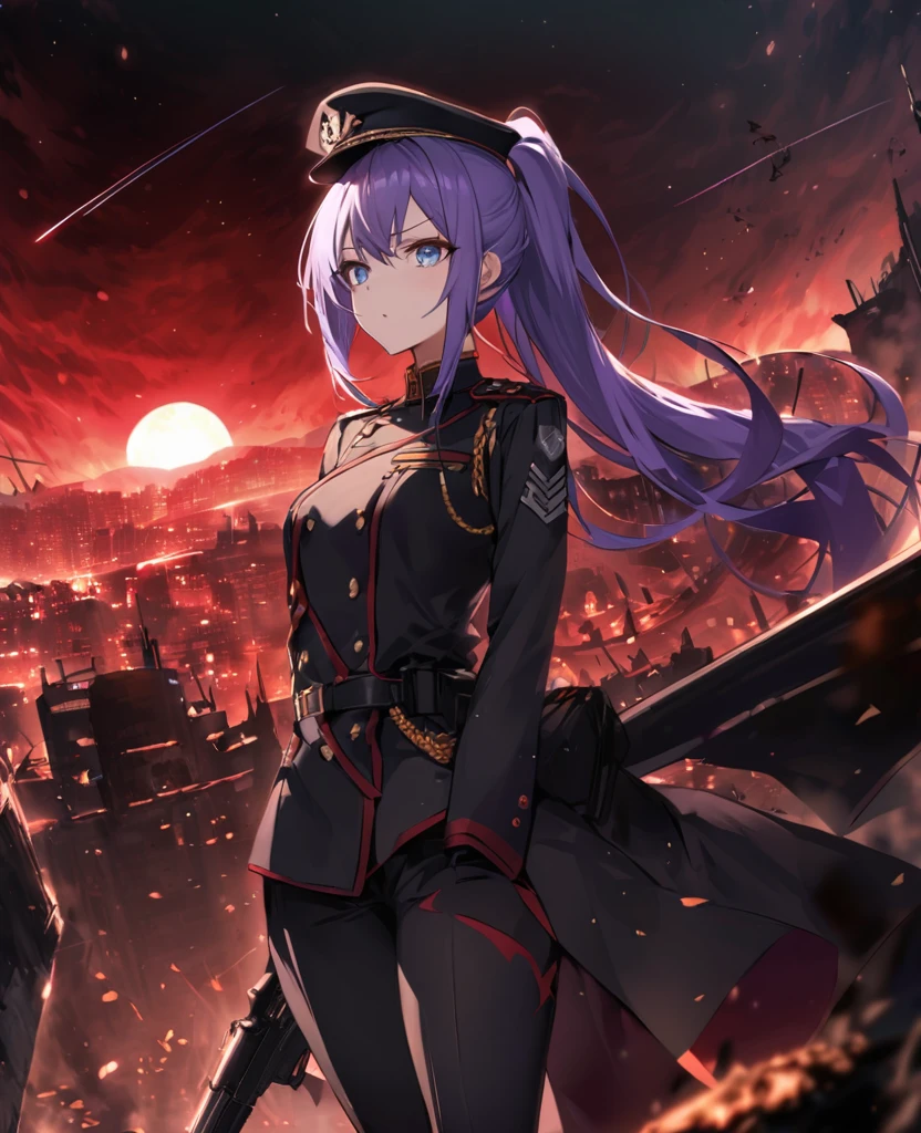 Facing forward　girl　Military uniforms with a white base and some black　Spectacular Background　A shooting star is falling　Beautiful night view　　　She is on the right　On the left you can see the destroyed city.　He has a gun　　　服にはplaneが描かれています　背景の上部にはFighterが飛んでいます　Red Moon　blue eyes　　There is one person　Purple long hair　wearing a military cap　war　I'm wearing pants　Precision　masterpiece　girlにクローズアップ　girlを正面から見ています　ponytail　long hair　soldier　battlefield　{超Precision} Satanic　She's angry　But I&#39;m angry　Hanging eyes　Anime Style　 {war} {Gunfight} {Fighterの擬人化} Fighter　tank　Battleship　plane　Thunder Day　Mechanical Man　宇宙Battleshipヤマトの武装をつけています　A dignified expression　F-16Fighterの翼を背中につけています　tankがいます　Clolinde　Genshin Impact