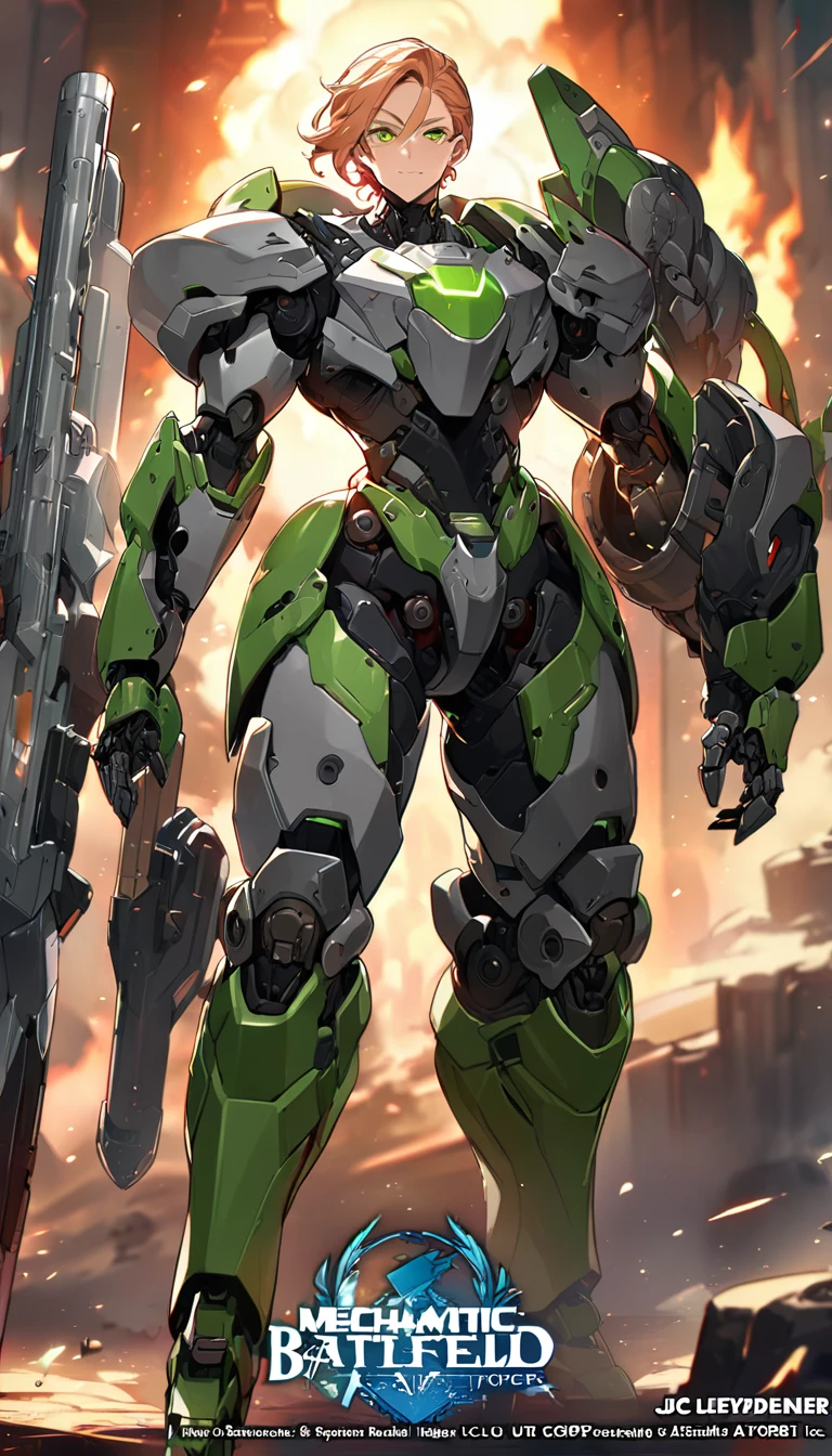 ((Highest quality masterpiece)) ((ultra detailed)), ((intricate details)), (8K) (cinematic lighting), A close up of a halfing with Sniper Rifle, 150cm height, copper colored hair, Green eyes, (optimistic look), (optimistic expression), (Dynamic Pose) official character art, character artwork, coriolios rpg art style, official character illustration, mechanical arms, mechanical speed boots, male protagonist, jc leyendecker and sachin teng, Cushart Kenz, ((character concept art)), mechanized soldier Boy, Cushart Krenz Male key art ((battlefield blur background))