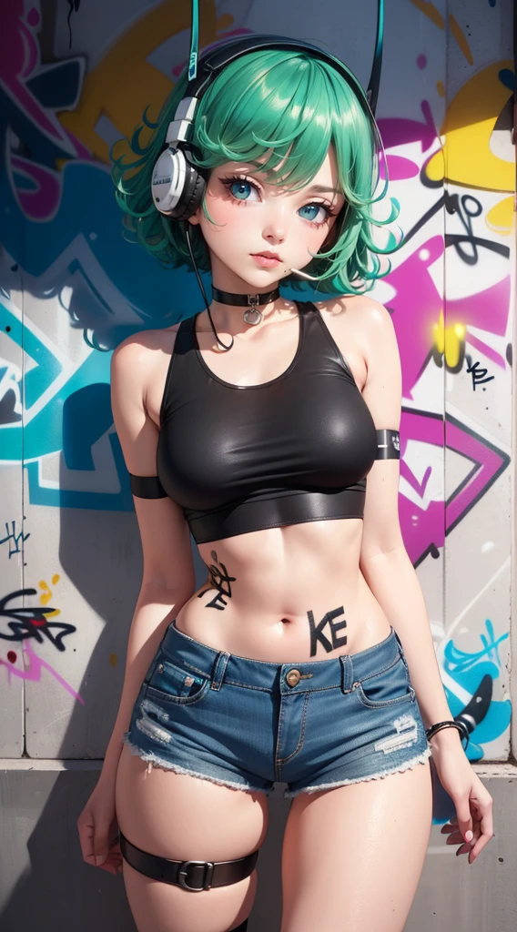 masterpiece, best quality, (extremely detailed CG unity 8k wallpaper, masterpiece, best quality, ultra-detailed, masterpiece, best quality, 1girl, solo, crop top, denim shorts, choker, (graffiti:1.5), paint splatter, arms behind back, against wall, looking at viewer, armband, thigh strap, paint on body, head tilt, bored, multicolored hair, aqua eyes, headset, Tatsumaki,