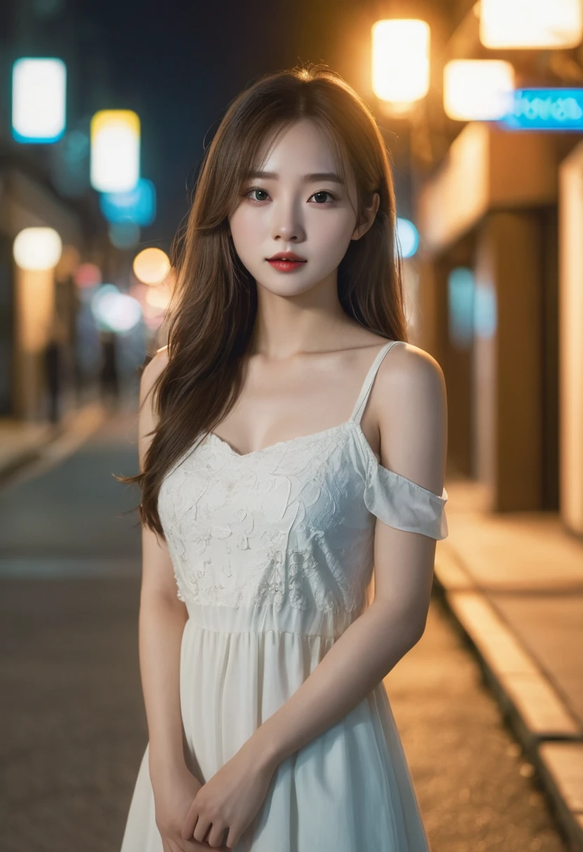 beautiful korean girl, pale skin, white dress, standing under street lamp at night, long messy blonde hair, (best quality,4k,8k,highres,masterpiece:1.2),ultra-detailed,(realistic,photorealistic,photo-realistic:1.37),HDR,UHD,studio lighting,ultra-fine painting,sharp focus,physically-based rendering,extreme detail description,professional,vivid colors,bokeh,portrait,dramatic lighting,cool toned