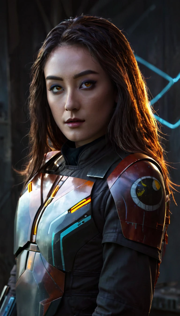 battle damage , missing arm ,bright yellow eyes, ultra-detailed,vibrant colors,sci-fi,portrait,dramatic lighting,detailed facial features,dark background,long hair,glowing eyes,futuristic clothing,expressionless face,metallic texture,bright highlights,high contrast,radiant colors,artificial intelligence theme,sharp focus,technological elements,shadows and highlights,ethereal glow,neon lights,stormy atmosphere,otherworldly setting,unconventional composition,sharp lines,sleek design,mysterious atmosphere,unearthly beauty,digital enhancements,advanced technology,glowing circuitry,abstract background,ominous presence,subtle reflections,energetic pose,unique perspective,foreshortening effect,symmetrical composition,imposing presence,dynamic energy,striking visual impact,translucent overlays,organic and mechanical fusion.
