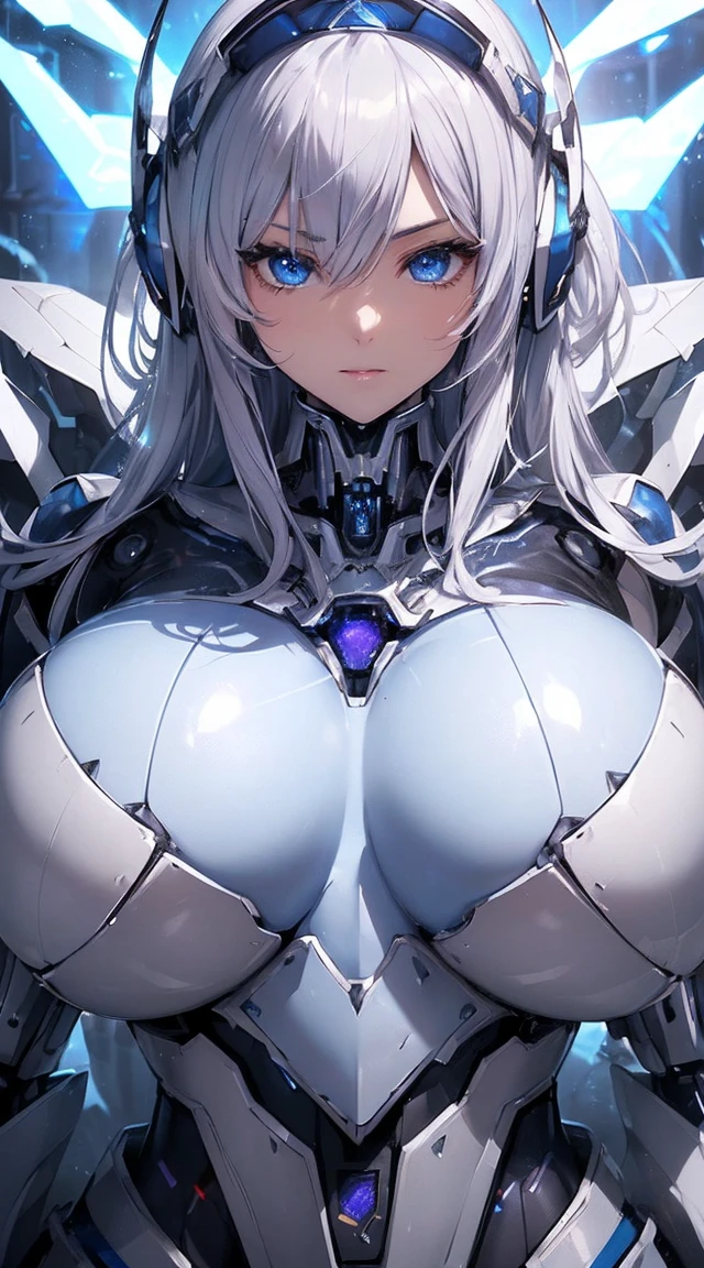 ((Extreme close up:1.6))、(((Lenses shining on both breasts:1.3)))、((Blue pillars of light radiate from both of his chests..:1.3))、break、(((Dynamic pose:1.8)))、smile、((8K)), ((32k)), ((Highest quality)), ((masterpiece)), ((超A high resolution)), ((Tmasterpiece)), ((Halation:1.4))、((Mechaニカルheadgear:1.2))、((Cyber Headphones:1.3))Fine skin, High quality fabric, High-quality metal texture、((Beautiful and dense face))、RAW Photos、Professional, Ultra-fine painting, ((alone)), Beautiful breasts、Highest quality, Very detailed, Very detailed詳細, Finer details, so beautiful, ((Princess Knight Robot:1.2)), (Joint of the machine, Mechanical Limbs:1.3), (The internal structure of the machine is exposed:1.3), (Long silver hair:1.1), (Beautiful and huge mechanical breasts)、White Veil, cowboy_shot, Side Focus, headgear, Shiny、(Five Fingers, Four fingers and thumb),Concept Art, Anime fantasy artwork, Detailed fantasy art, (with pale blue-violet hair and large white wings,,,,,,,,), (((Long silver hair))), (Mecha:1.6)、Sleek and intimidating design, ((Commander-in-Chief'arm)), (Perfect robot body)、純白と青紫のarmまたは, Symmetrical wings, 8K High Resolution, Detailed Art, 3D rendering of character art in 8K, neat legs, Defined, Defined fingers,((headshot:1.3))