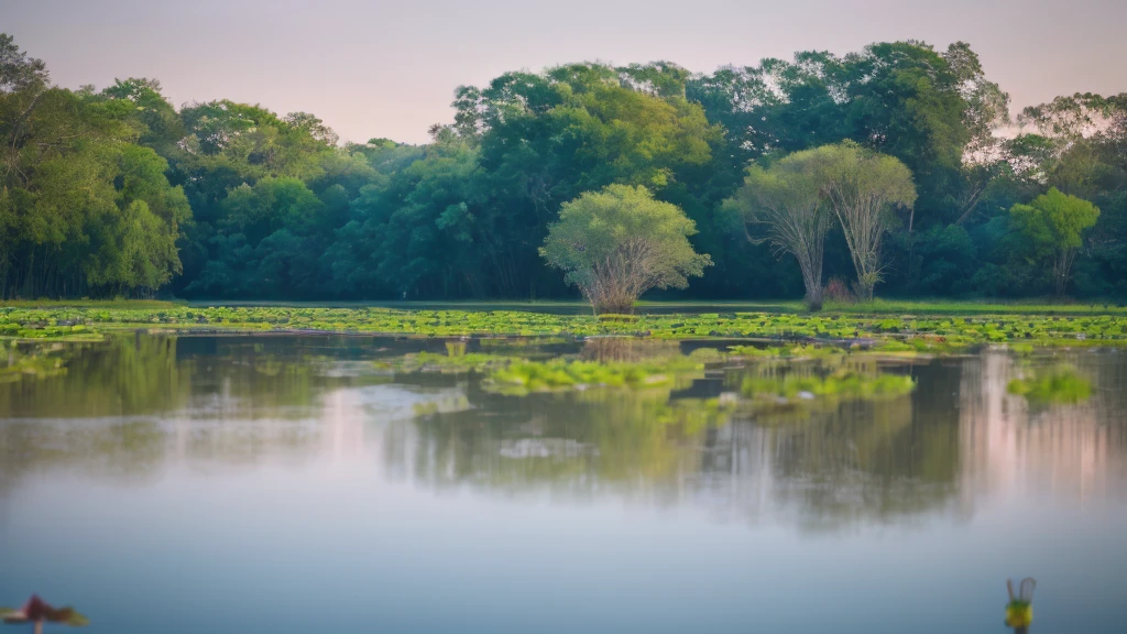 A photorealistic depiction of a serene natural swamp landscape, captured with a Canon EOS 5D Mark IV camera equipped with a Canon EF 70-200mm f/2.8L IS II USM lens. The scene exudes tranquility, with a tranquil expanse of dark, still water reflecting the towering trees that line the swamp's edge. In the foreground, a cluster of vibrant lotus flowers in full bloom adds a touch of color and elegance to the composition. The soft, natural light illuminates the scene, casting long shadows and creating an air of mystery and intrigue.