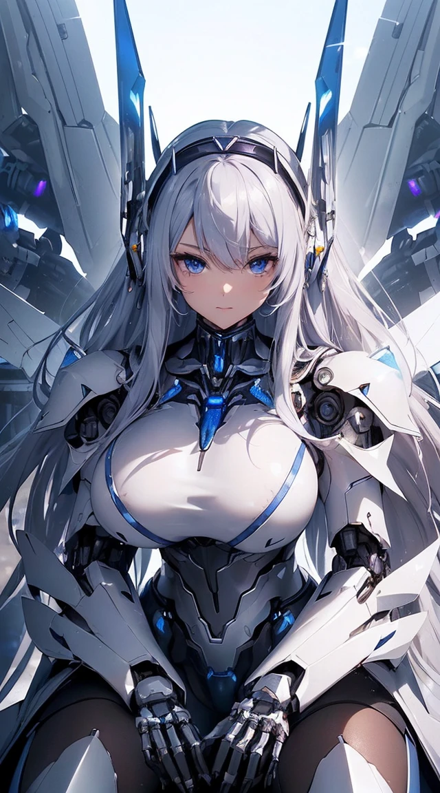 (Sit with one knee on the machine:1.6)、(Full body description:1.3)、((Shining lenses on both breasts:1.3))、((Blue pillars of light are emanating from both chests.:1.3))、smile、((8K)), ((32k)), ((Highest quality)), ((masterpiece)), ((超A high resolution)), ((Tmasterpiece)), ((Halation:1.4))、((Mechaニカルheadgear:1.2))、((Cyber Headphones:1.3))、Fine skin, High quality fabric, Fine metal texture、((Beautiful and dense face))、RAW Photos、Professional, Ultra-fine painting, ((alone)), Beautiful breasts、Highest quality, Very detailed, Very detailed詳細, Finer details, so beautiful, ((Princess Knight Robot:1.2)),  (Joints of machines, Mechanical Limbs:1.3), (The internal structure of the machine is exposed:1.3), (Long silver hair:1.1), (Beautiful and huge mechanical breasts)、White Veil, cowboy_shot, Side Focus, headgear, Shiny、(Five Fingers, Four fingers and thumb),Concept Art, Anime fantasy artwork, Detailed fantasy art, (with pale blue-violet hair and large white wings,,,,,,,), (((Long silver hair))), (Mecha:1.6)、Sleek and intimidating design, ((Commander-in-Chief&#39;arm)), (Perfect robot body)、純白と青紫armまたは, Symmetrical wings, 8K high quality, detailed art, 3D rendering of character art in 8K, neat legs, Defined, Defined fingers,