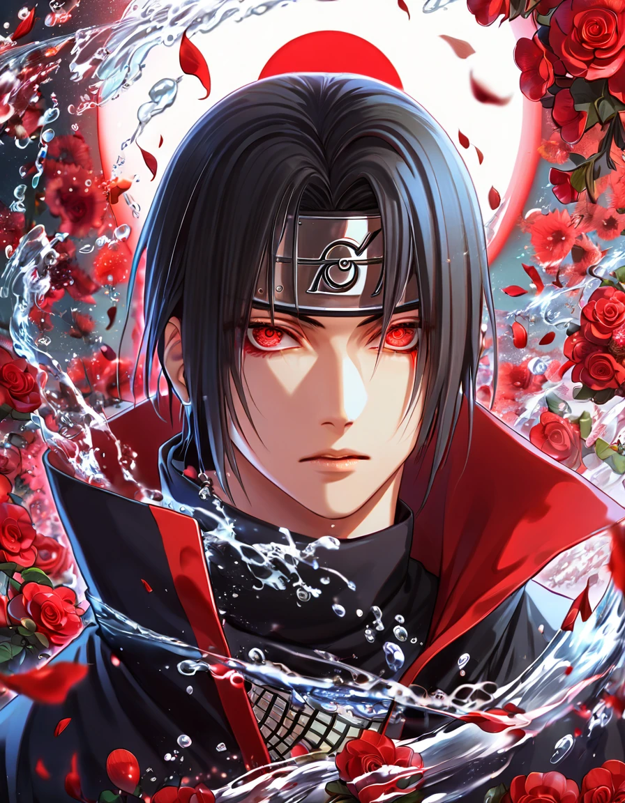 Ultra detailed, highres, absurdres, HDR, master piece, Uchiha Itachi, black hair, expressive red eyes (sharingan), Akatsuki black tunic, Naruto Shippuden, red petals, man, solo, best quality, red lightning, red shining fireflies, fantasy, magical, handsome, red moon, red flowers, magic, water,