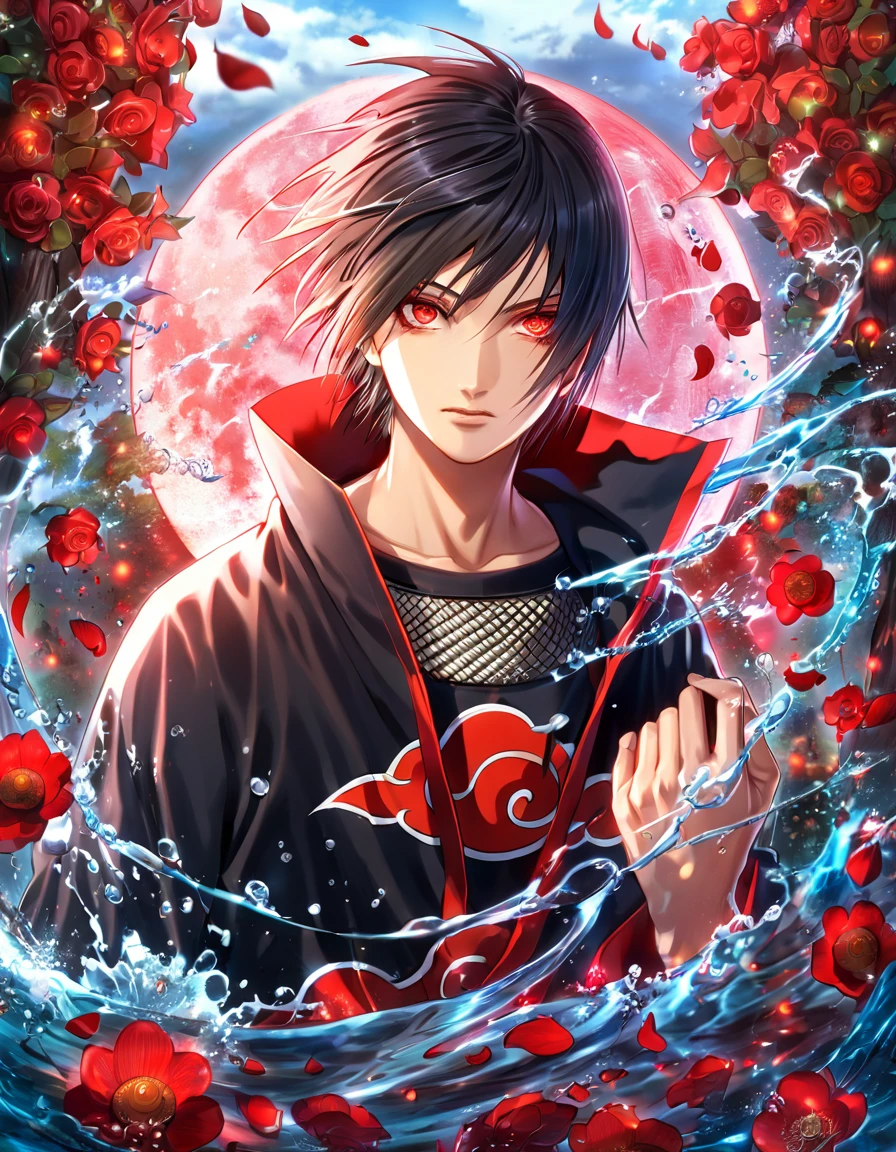 Ultra detailed, highres, absurdres, HDR, master piece, Uchiha Itachi, black hair, expressive red eyes (sharingan), Akatsuki black tunic, Naruto Shippuden, red petals, man, solo, best quality, red lightning, red shining fireflies, fantasy, magical, handsome, red moon, red flowers, magic, water,