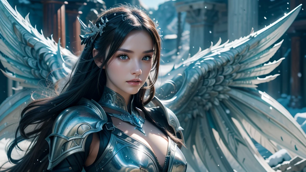 Close-up of woman holding sword and armor, Armor Girl, 2. 5D CGI anime fantasy artwork, Large Breasts，Epic fantasy digital art style, detailed Digital 2D fantasy art, Digital 2D fantasy art, original photo, (best quality:1.3), high resolution, (masterpiece), (lifelike:1.4), Professional photography, Clear focus, High Dynamic Range, 8k resolution, Intricate details, Fine details, Depth of Field, Extremely detailed CG unified 8k wallpaper, masterpiece，poster，best quality，Official Art，（Beauty and aesthetics：1.2），（masterpiece：1.3），Miss，personal，Light Leather Armor，complex pattern，winter，Snow Mountain，castle，Medium distance photography，（early morning），dramatic，Giant bat wings，