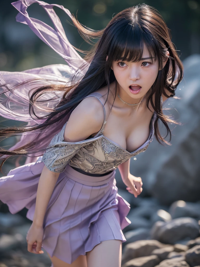 a very beautiful japanese girl, very cute high school girl assassin, detailed portrait of innocent 17-years-old virgin, ((in the mountain trail:1.3)), (off-shoulder-silver breastplate:1.2), (purple long maxi-skirt, purple arm cover, silver booties:1.1),(full body, run away:1.2),(blush, she calls for aid, crying out in a loud manner, open mouth wide:1.2), she was paralyzed with fear, perfect body, cold sweat, body soaked in sweat, firm and elastic skin, lively faces, glowing lips, watery eyes, cute double eyelids and black eyes, cleavage, attractive thighs, glossy straight medium black hair, asymmetrical bangs, hair flutters, dark fantasy, photo-realistic, surreal, cinematic lighting, 32K, backlight, (bright light:1.2), (Improvement of quality:1.4), (Highest quality realistic textured skin:1.4),detailed eyes, detailed face, detailed hand,(Enhances the beauty of skin texture:1.1)