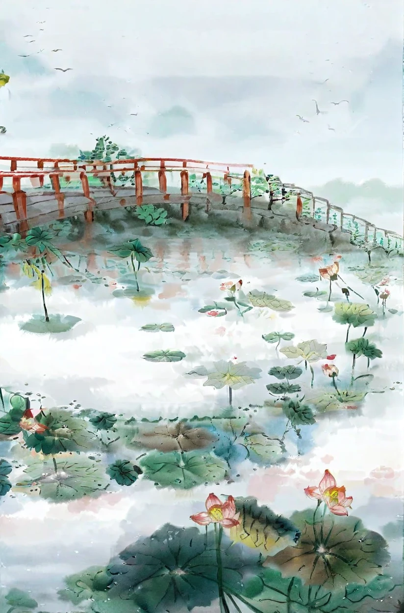 bridge red bridge Chinese architecture, seven-hole bridge, Jiangnan village in the distance, minimalist photography Chinese architecture, early morning, lotus pond, lotus leaf pond, mist, 8,000, high resolution, National Geographic works, original photos, international gold award photos