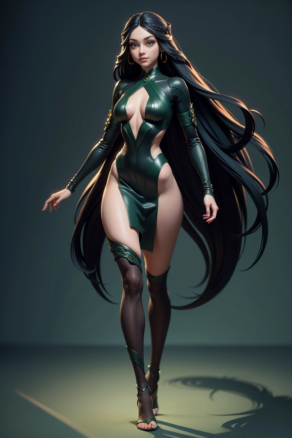 ((Full body photo, standing, feet on the floor)) 3dmm style, (masterpiece, top quality, best quality, official art, beautiful and aesthetic:1.2), (fractal art:1.3) solo, highly detailed, ultra-detailed, ultra-high resolution, (best shadow), detailed, perfect lighting, black hair, very long hair, braids, (green eyes), choker, smokey make up, full body, portrait, walking down a street in a high tech city, perfect hands, perfect face, perfect body, perfect eyes