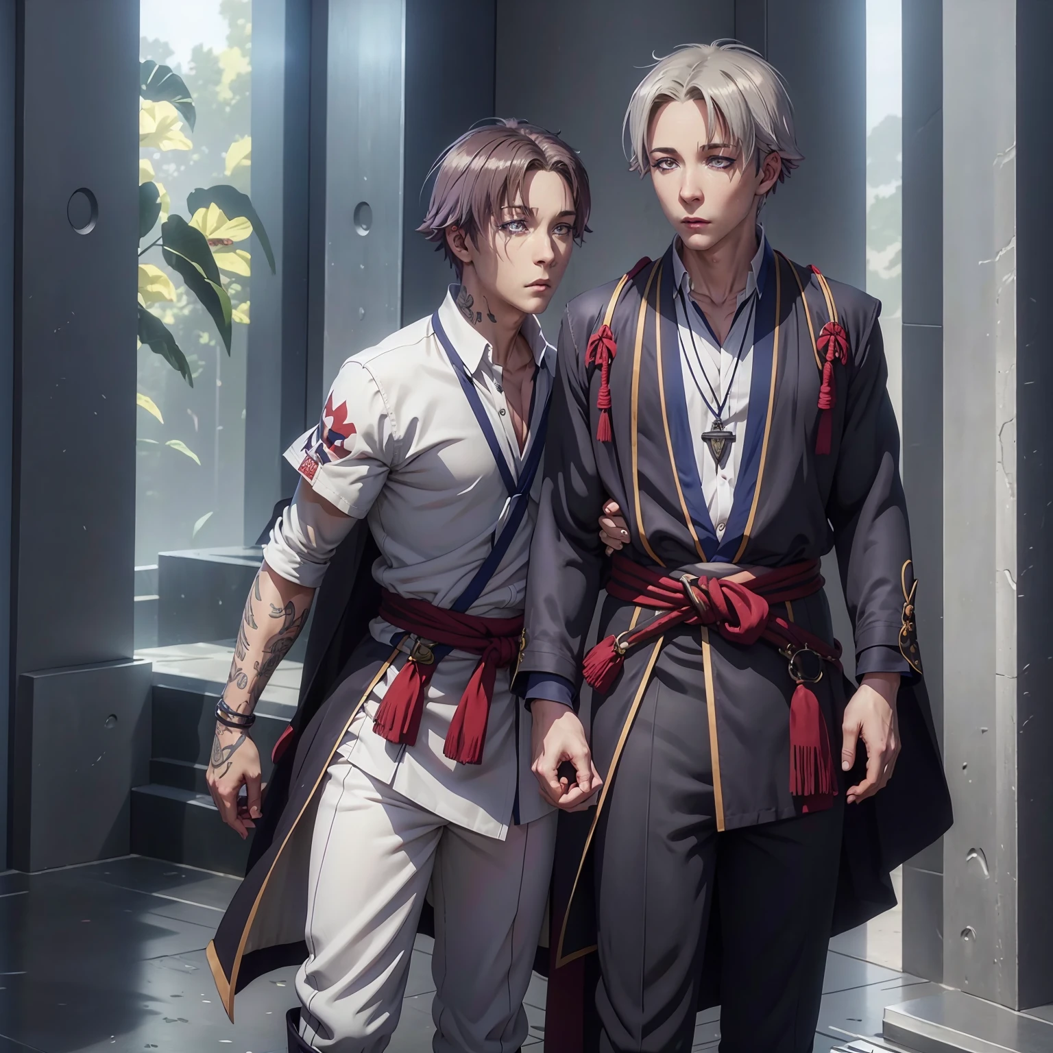 Blue eyes, silver hair, pale skin, markings in the form of wavy stripes on his face, pointed ears and black sclera.
Black kimono, Demon Hunter uniform, yellowish markings on its print, multi-cuff buttoned shirt under his hunter uniform, various Magatama necklaces on his neck and wrists with a thick blue cloth tied to his waist , white boots fitted to his Hakama pants.