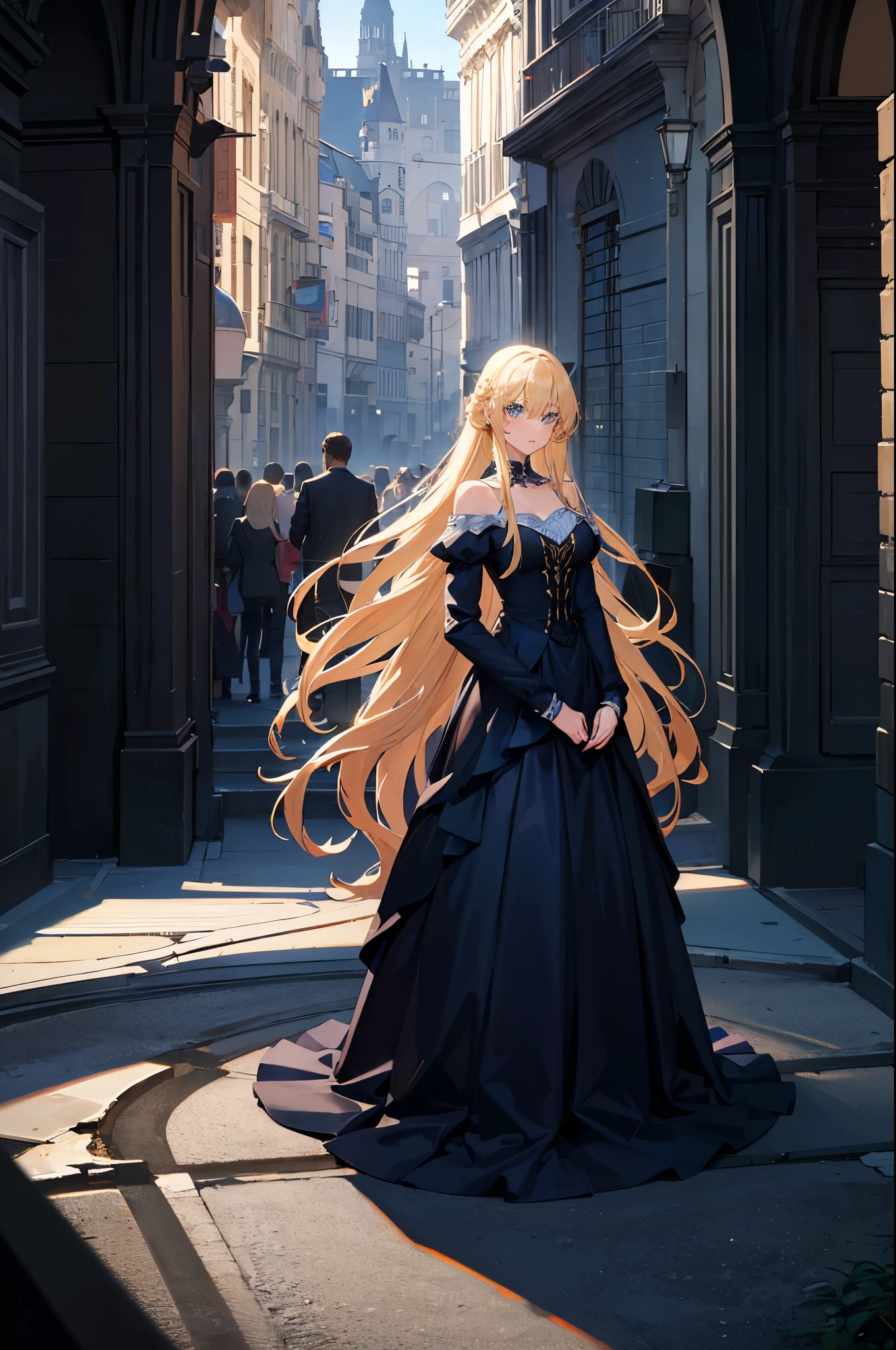 1 woman, long hair, blonde hair, blue eyes, formal dress, standing on ground, high res, ultra sharp, 8K, masterpiece