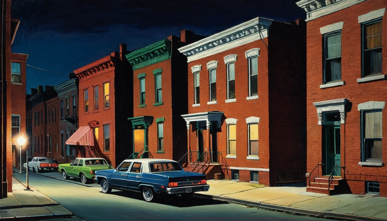 dark chiascuro urban America with red brick ghetto homes at night, 1980s, by Edward Hopper, best quality, masterpiece, very aesthetic, perfect composition, intricate details, ultra-detailed, colorful