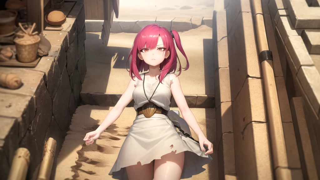 masterpiece, Highest quality, One girl, Morgiana Slave, Cowboy Shot, Torn Dress, dirty, Red eyes, One side up, Redhead, chain, sand漠の遺跡, sand漠の背景, sand, Disgust, View your viewers, View from below
