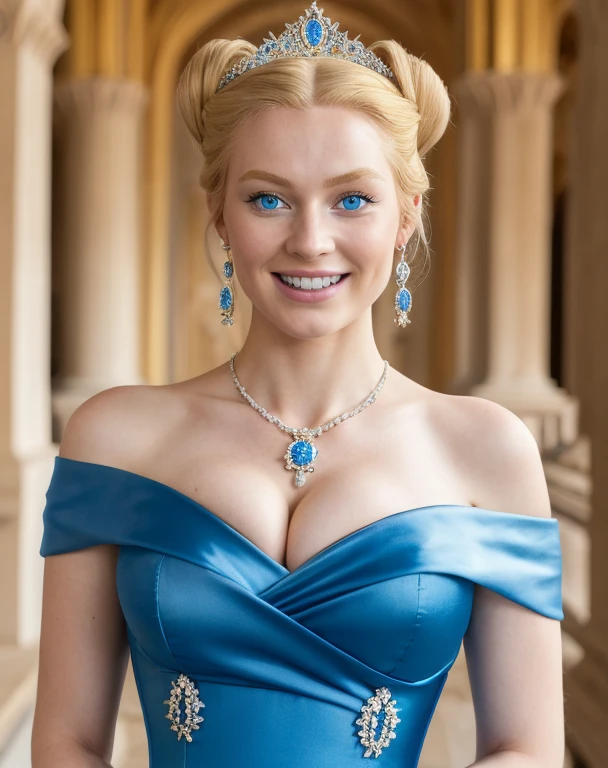 ((Best quality)), ((Masterpiece)), (detailed), perfect face, perfect figure, Middle Ages, palace background, 26 year old, Scandinavian woman, Princess, Golden hair, bun-like hairstyle, bright blue eyes, pale skin, large breasts, buxom chested, tight blue dress, off shoulder, cleavage, diamond tiara, smiling, teeth, 
