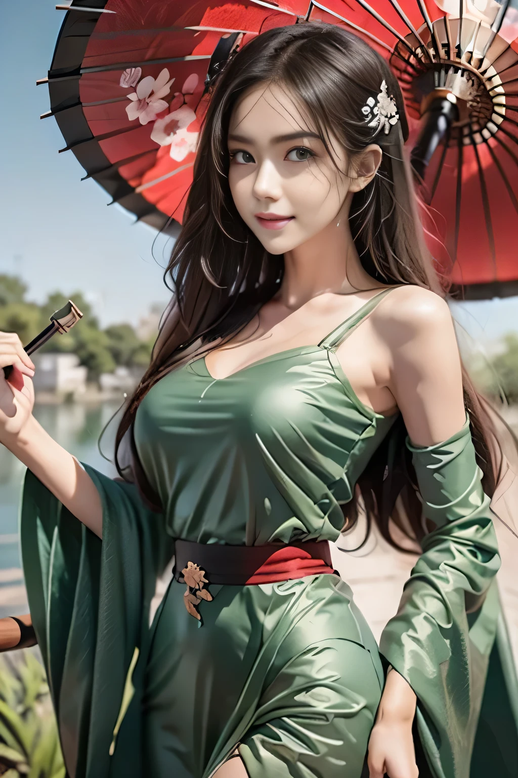 Anime dark skin geisha green eyes holding umbrella, fan