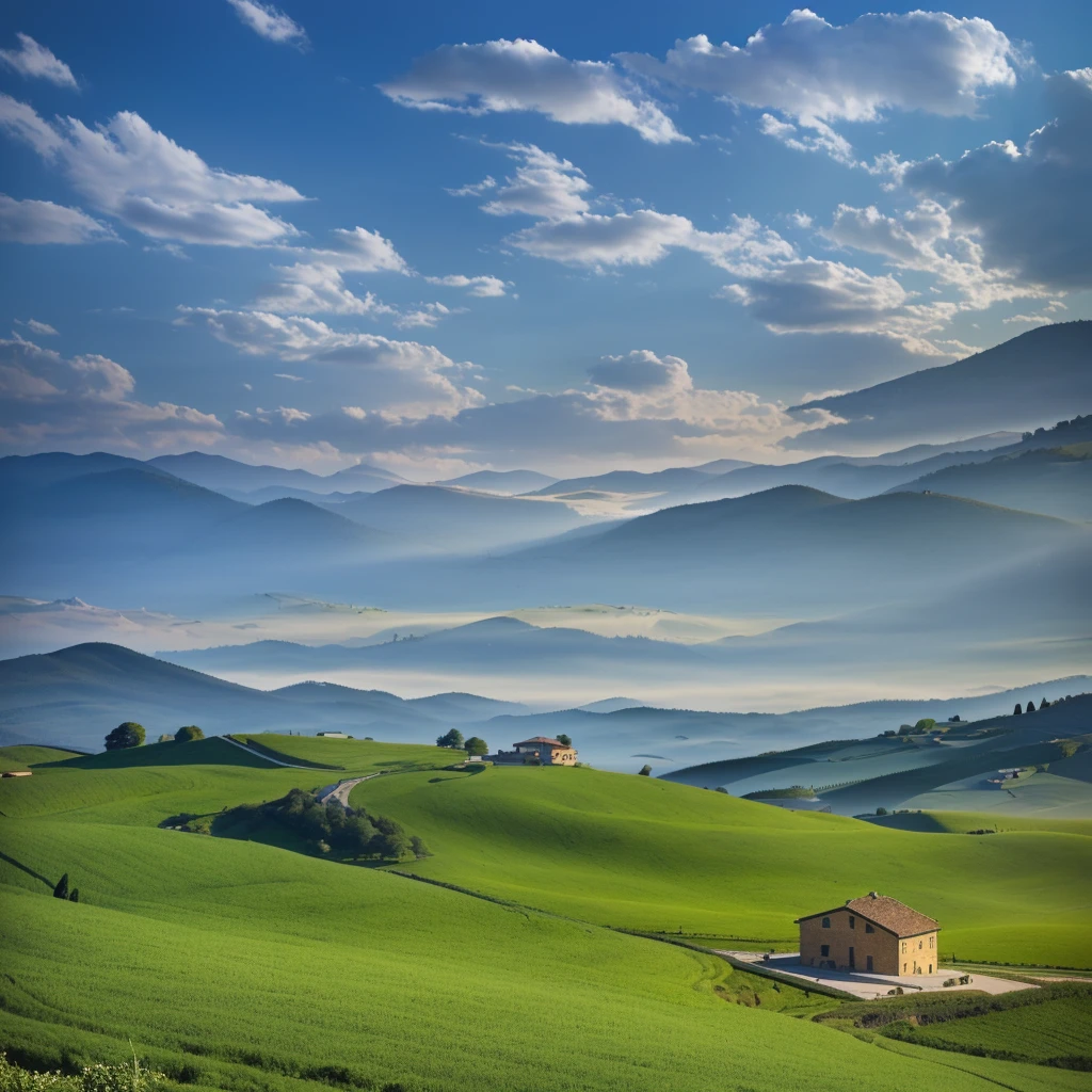 There is a small house in the middle of a green field, Stunning scenery, Tuscan hills, Tranquil scenery, Stunning scenery, a Beautiful scenery, Beautiful scenery, Landscape, Stunning scenery, Landscape - Scenery, Fantastic scenery, Rural landscape, Beautiful oil painting, Stunning scenery in background, very 非常非常Beautiful scenery, Dreamy Landscape, Realistic scenery, 非常非常Beautiful scenery