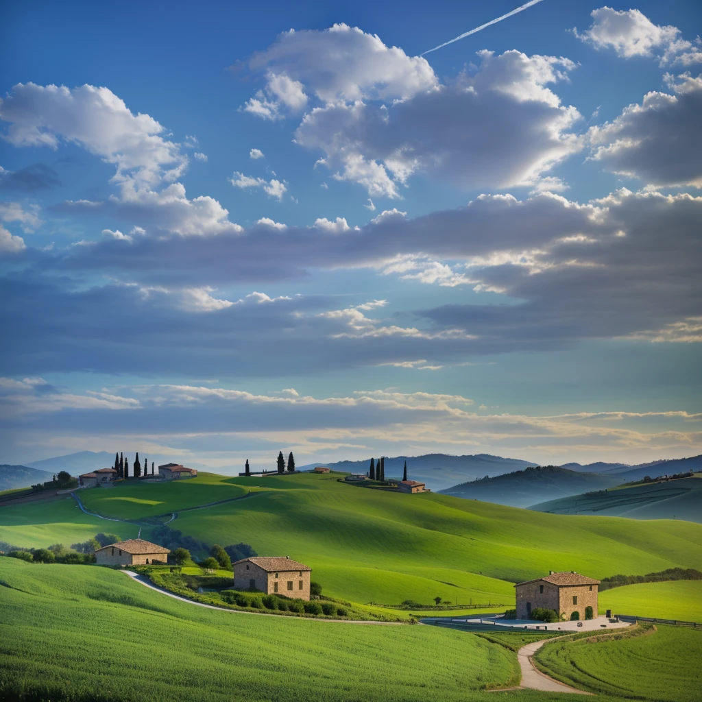 There is a small house in the middle of a green field, Stunning scenery, Tuscan hills, Tranquil scenery, Stunning scenery, a Beautiful scenery, Beautiful scenery, Landscape, Stunning scenery, Landscape - Scenery, Fantastic scenery, Rural landscape, Beautiful oil painting, Stunning scenery in background, very 非常非常Beautiful scenery, Dreamy Landscape, Realistic scenery, 非常非常Beautiful scenery