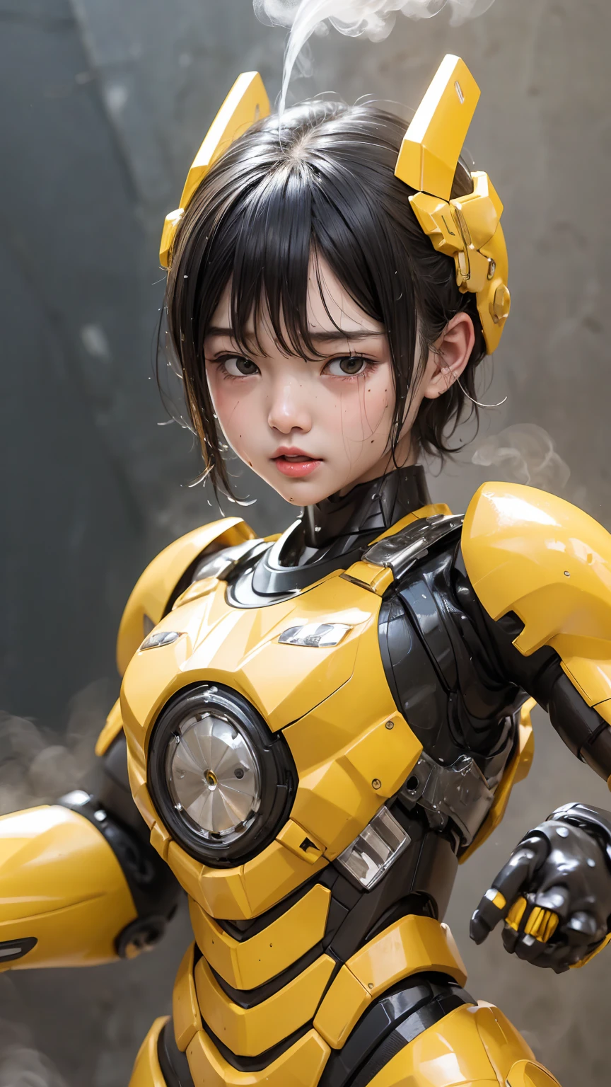 Highest quality　8k yellow metal armor　Robot Suit Girl　ergartl　Sweaty face　cute　short hair　boyish　Steam coming from the head　My hair is wet with sweat　Black Hair　Steam from the whole body　　Full body portrait　My upper body is soaked　After club activities　