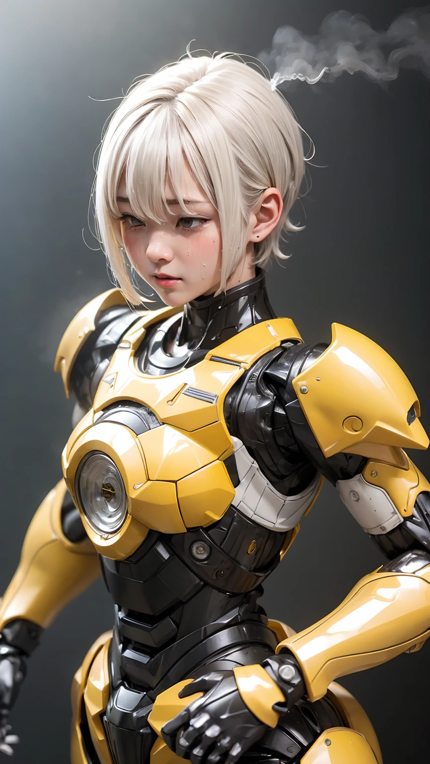 Highest quality　8k yellow metal armor　Robot Suit Girl　Kindergarten girl　Sweaty face　cute　short hair　boyish　Steam coming from the head　My hair is wet with sweat　Black Hair　Steam from the whole body　　Full body portrait　My upper body is soaked　After club activities　