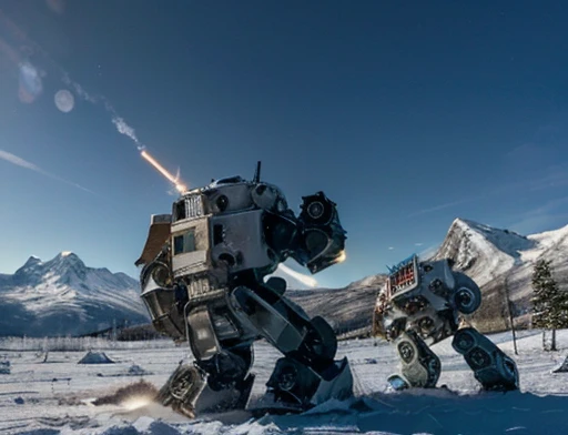 (((A humanoid polar bear fights fiercely against a battle robot))), Snowy scenery, ground with lots of snow, Frozen Mountains, There are no trees, there is no vegetation .