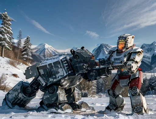 (((A humanoid polar bear fights fiercely against a battle robot))), Snowy scenery, ground with lots of snow, Frozen Mountains, There are no trees, there is no vegetation .