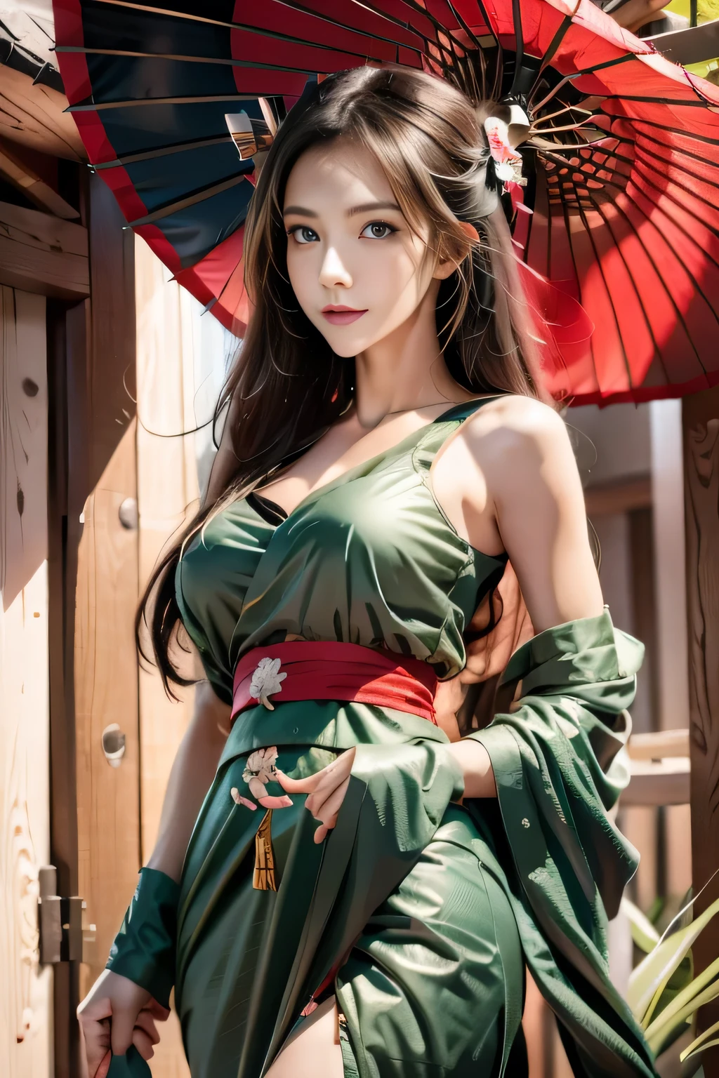 Anime dark skin geisha green eyes holding umbrella, fan