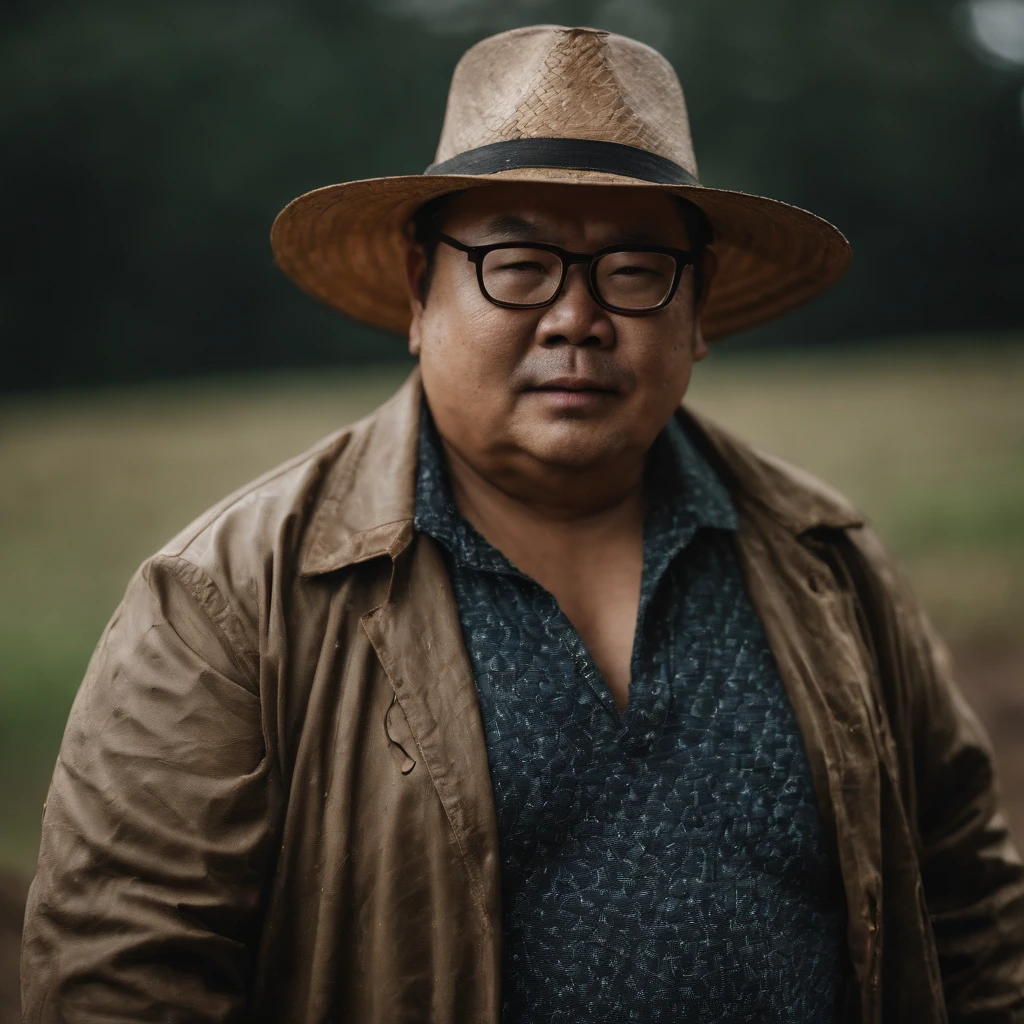 Chubby, Asian man, fat, 50 year old, Wear eyeglasses, wear a straw hat, shirtless,Take off shirt, farmer, rain, wet from the rain, in the field