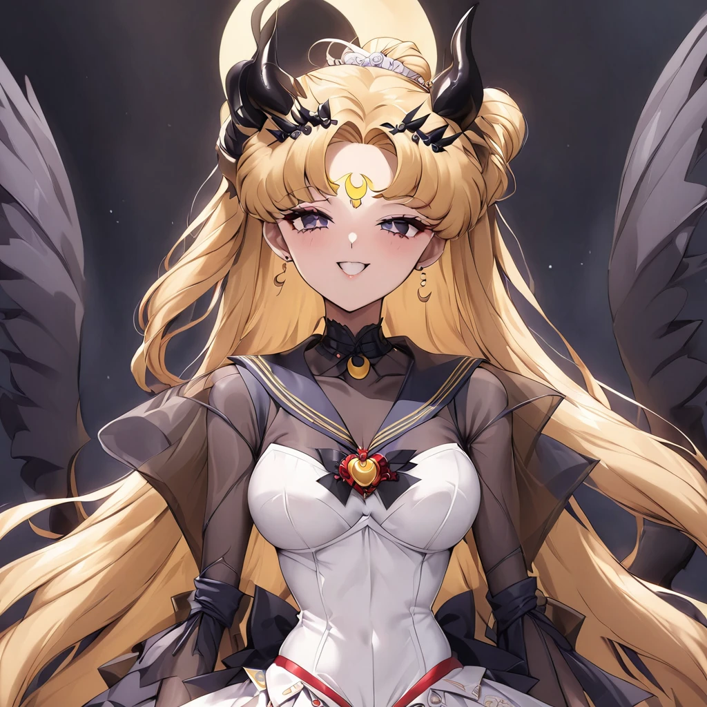 ((Highest quality)), ((masterpiece)), (detailed), (Perfect Face)、The woman is the demon queen Princess Serenity having sex with the demon king, and the woman is the jet black, sexy demon princess Serenity、The woman is a jet-black female demon with magnificent devil horns, jet-black devil wings, and a jet-black tail. Her skin is jet-black, she has a black moon mark on her forehead, she is a devil bride wearing a black gorgeous Gothic Victorian wedding dress and a black wedding veil, she is the jet-black demon Princess Serenity, and she has blonde hair with a happy expression as she looks at the camera.2The expression of a girl in love with her long hair tied up、She is Princess Serenity、Punishment pose on behalf of the moon