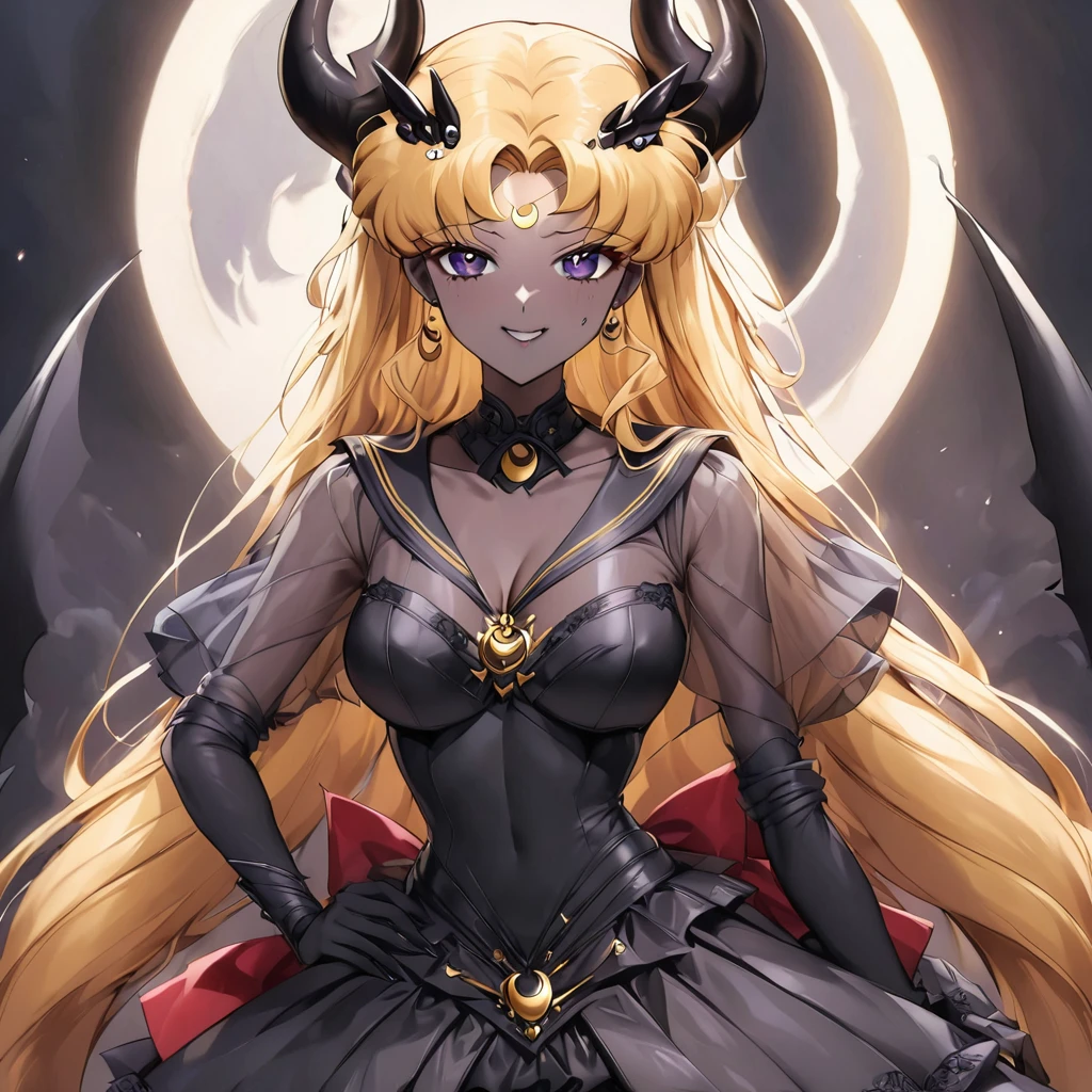 ((Highest quality)), ((masterpiece)), (detailed), (Perfect Face)、The woman is the bride of the Demon King, the Dark Queen of the Black Moon Clan, the Demon Queen Devil Sailor Moon, and the woman is a sexy female demon with jet black skin, Devil Sailor Moon.、The woman is a jet-black female demon with magnificent devil horns, jet-black devil wings, and a jet-black tail, her skin is jet-black, and she has a black inverted crescent moon mark on her forehead, and her gorgeous black skin is visible through her black see-through Lolita Gothic Victorian wedding dress, a black wedding veil, and a black see-through cape. She is a devil bride, a jet-black demon named Devil Sailor Moon, and has blonde hair, looking at the camera with a happy expression.2The expression of a girl in love with her long hair tied up、Woman is Devil Sailor Moon