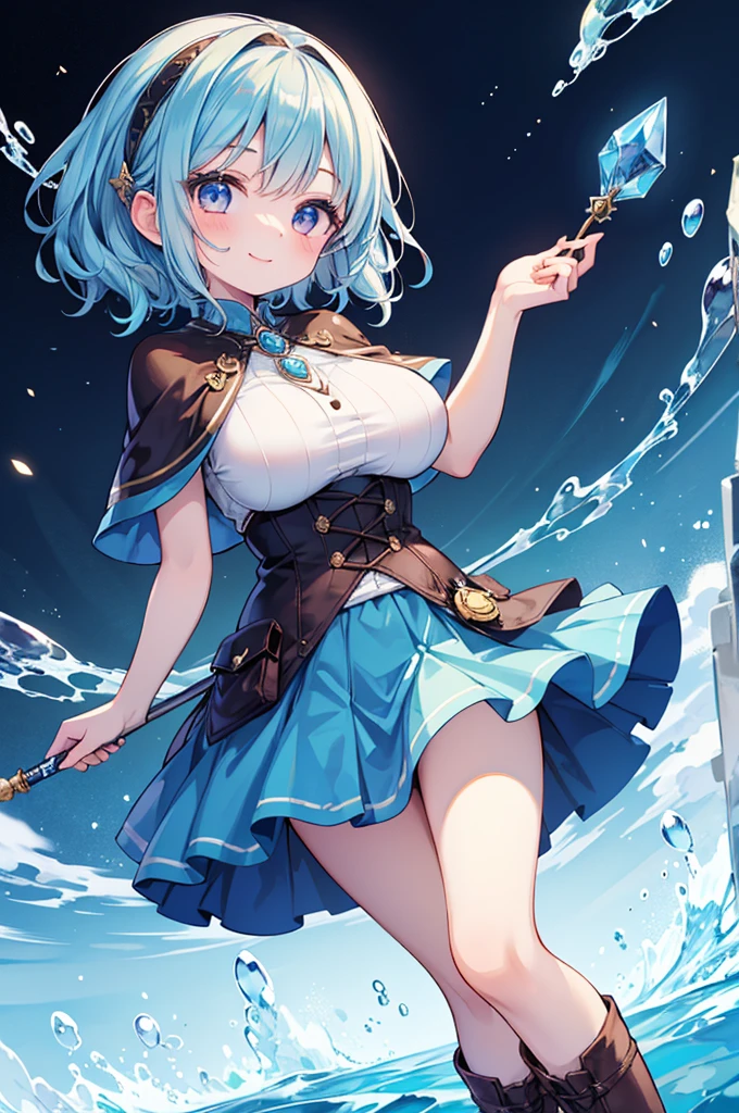 Fantasy,((Masterpiece)),((high resolution)),((Best Quality)),Anime illustration,((1girl)),(wavy hair),(short hair),(pale blue hair color),small ponytail,headband,Indigo eyes,(Big round eyes),((tareme)),(()),12 yeby face)),(((veeasts))),Short stature,Young,(loli),,ice wizard,sleevele white blouse,Blue mini skirt,slit,Brown corset,brown capelet,smile,,Brown long boots,wizard's wand with blue gem,