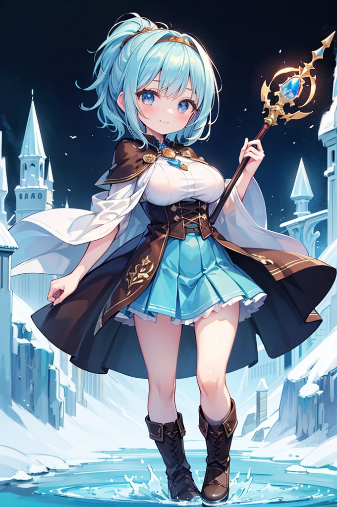 Fantasy,((Masterpiece)),((high resolution)),((Best Quality)),Anime illustration,((1girl)),(wavy hair),(short hair),(pale blue hair color),small ponytail,headband,Indigo eyes,(Big round eyes),((tareme)),((child)),12 years old,((baby face)),(((very big breasts))),Short stature,Young,(loli),,ice wizard,sleeveless white blouse,Blue mini skirt,slit,Brown corset,brown capelet,smile,,Brown long boots,wizard's wand with blue gem,