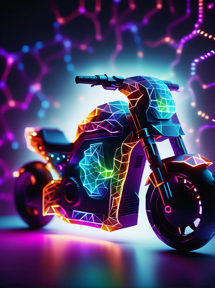 Vibrant colorful photo of low poly plasma electric neon Kirlian effect，Rendering network node visualization，In the Shaped like a cool motorcycle (Dissolved into circuit pixels:1.3), Sound waves propagate outward in a sinusoidal audio waveform, Detailed aura captured on film