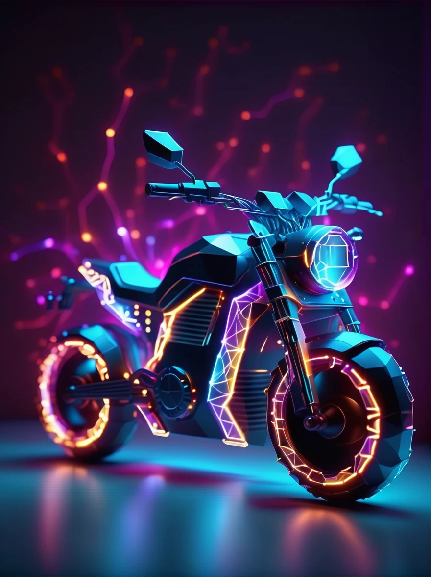 Vibrant colorful photo of low poly plasma electric neon Kirlian effect，Rendering network node visualization，In the Shaped like a cool motorcycle (Dissolved into circuit pixels:1.3), Sound waves propagate outward in a sinusoidal audio waveform, Detailed aura captured on film