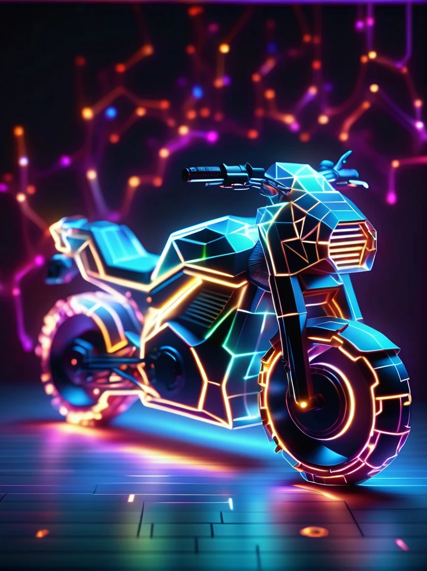 Vibrant colorful photo of low poly plasma electric neon Kirlian effect，Rendering network node visualization，In the Shaped like a cool motorcycle (Dissolved into circuit pixels:1.3), Sound waves propagate outward in a sinusoidal audio waveform, Detailed aura captured on film