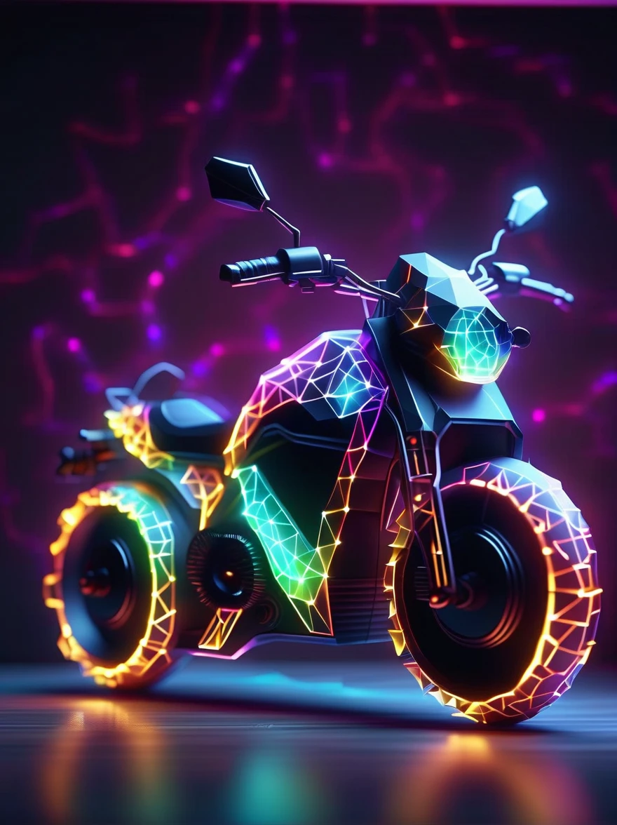 Vibrant colorful photo of low poly plasma electric neon Kirlian effect，Rendering network node visualization，In the Shaped like a cool motorcycle (Dissolved into circuit pixels:1.3), Sound waves propagate outward in a sinusoidal audio waveform, Detailed aura captured on film