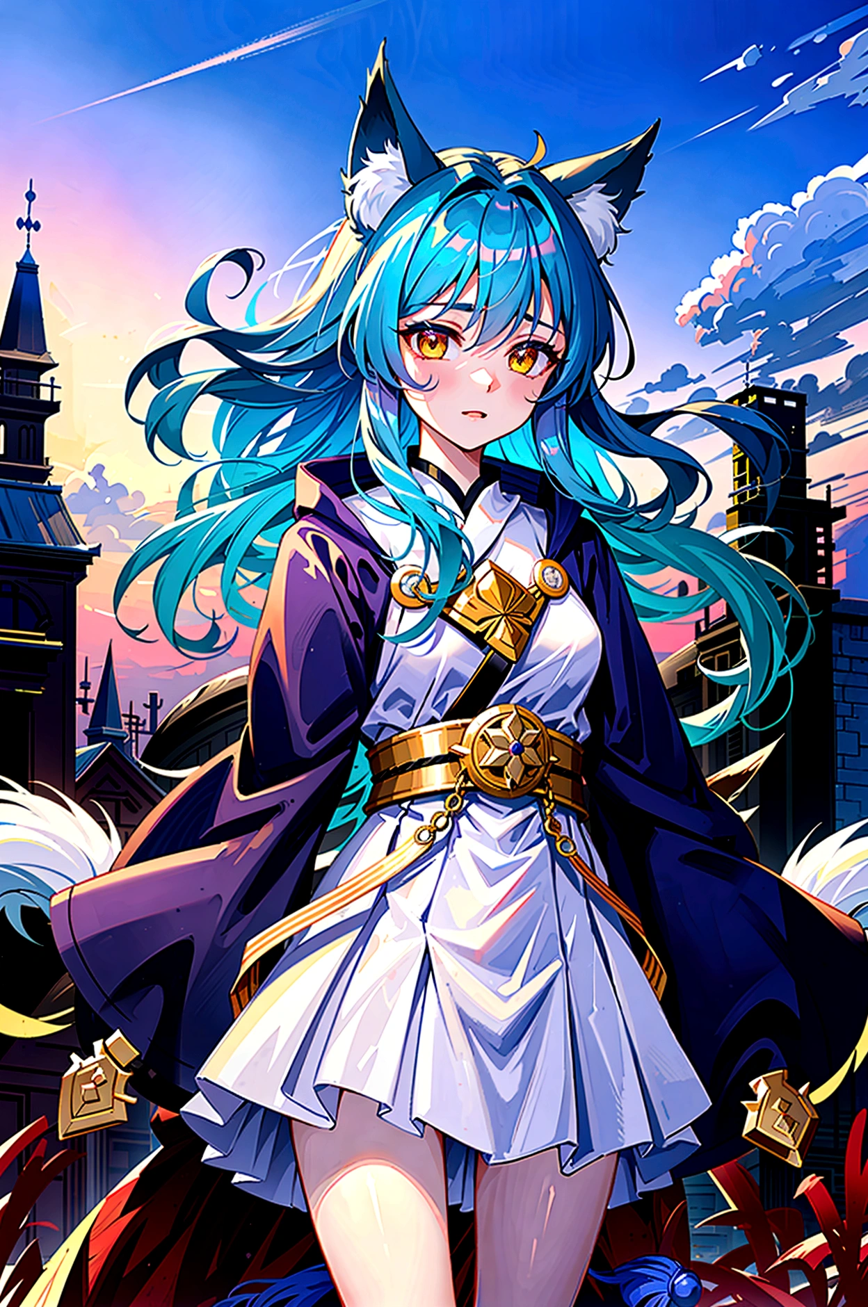 fox Light blue hair beast girl indigo fur fox beast girl Sesshomaru, Yellow eyes, Anime, Perfect face, Perfect Lighting, Outdoors, Warm colors, Dark purple sky, Autumn sunset, \(inuyasha\), Bearing Claw, Ready to fight