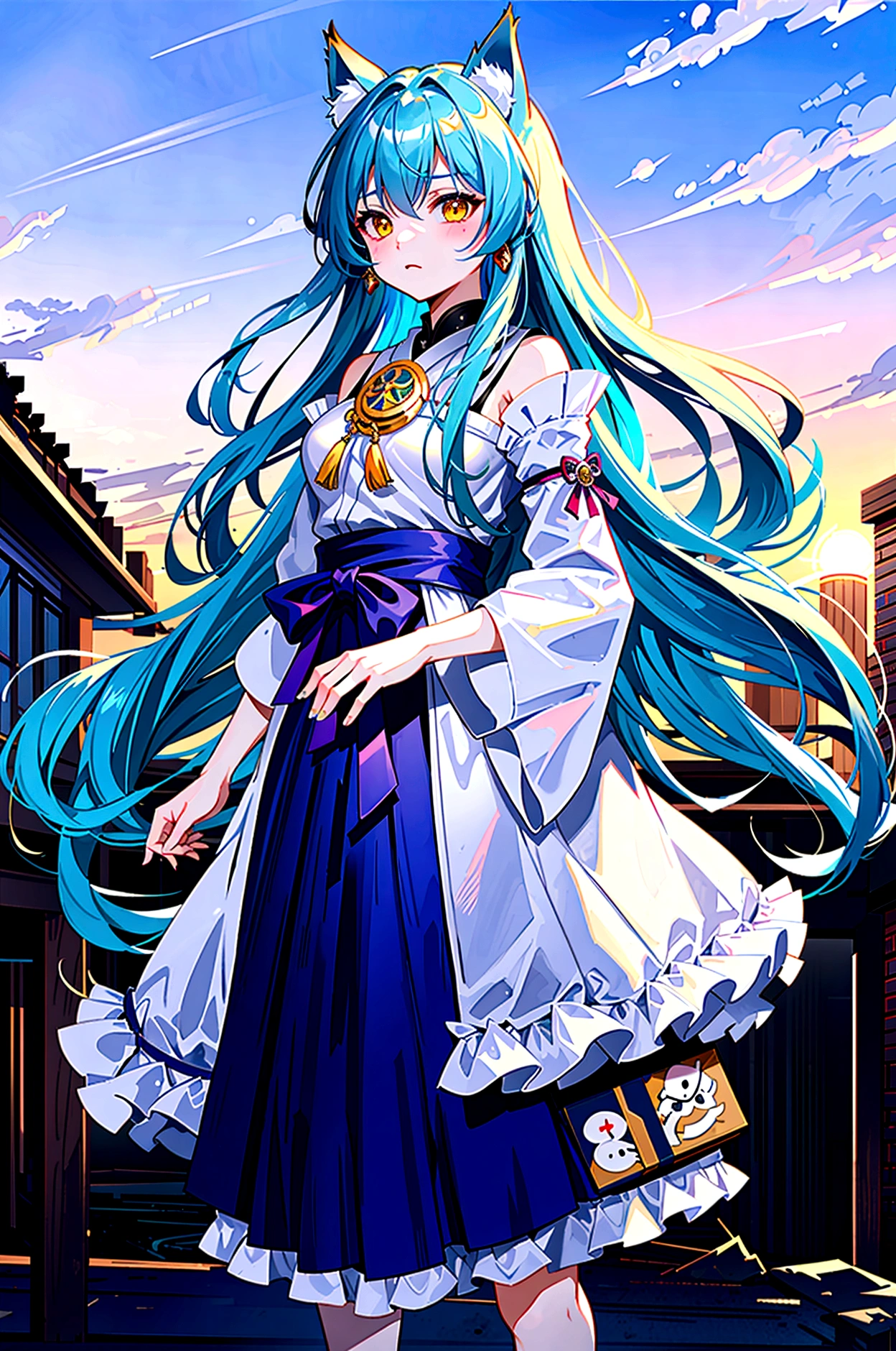 fox Light blue hair beast girl indigo fur fox beast girl Sesshomaru, Yellow eyes, Anime, Perfect face, Perfect Lighting, Outdoors, Warm colors, Dark purple sky, Autumn sunset, \(inuyasha\), Bearing Claw, Ready to fight