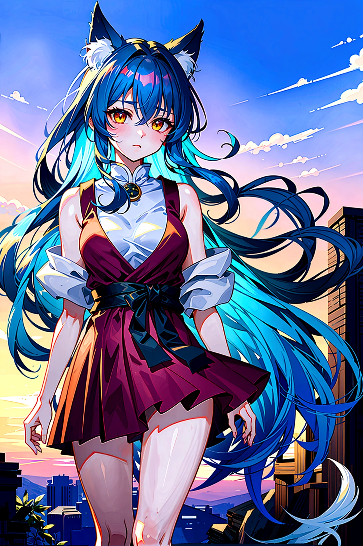 fox Light blue hair beast girl indigo fur fox beast girl Sesshomaru, Yellow eyes, Anime, Perfect face, Perfect Lighting, Outdoors, Warm colors, Dark purple sky, Autumn sunset, \(inuyasha\), Bearing Claw, Ready to fight
