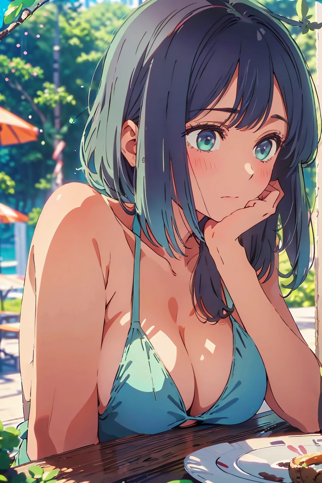(Highest quality:1.4、masterpiece:1.4、Super detailed:1.4、8K:1.4)、F cup bust、Big Breasts、Slim body、((((1 person、Surprised expression、sit、looking at the camera、Outdoor café terrace、Shooting from a distance、Very cute face))))、(Pose of putting hair behind ears with hands:1.4、Cheek resting on hand:1.4)、((nude、Areola、bikini size too small))、Big eyes、((((Shallow depth of field))))、Upper body only shot